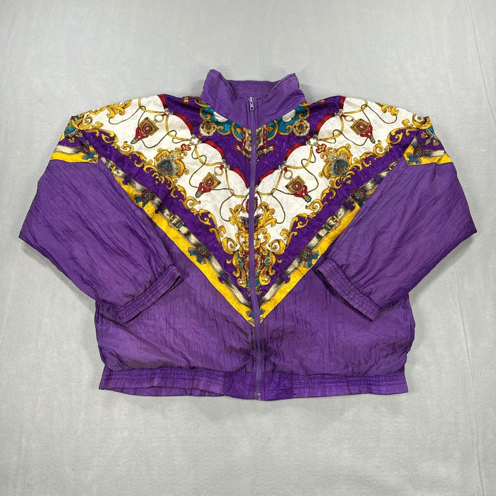 Vintage Argee Sports Windbreaker Women Large Purple Baroque Crest Zip Jacket 90s